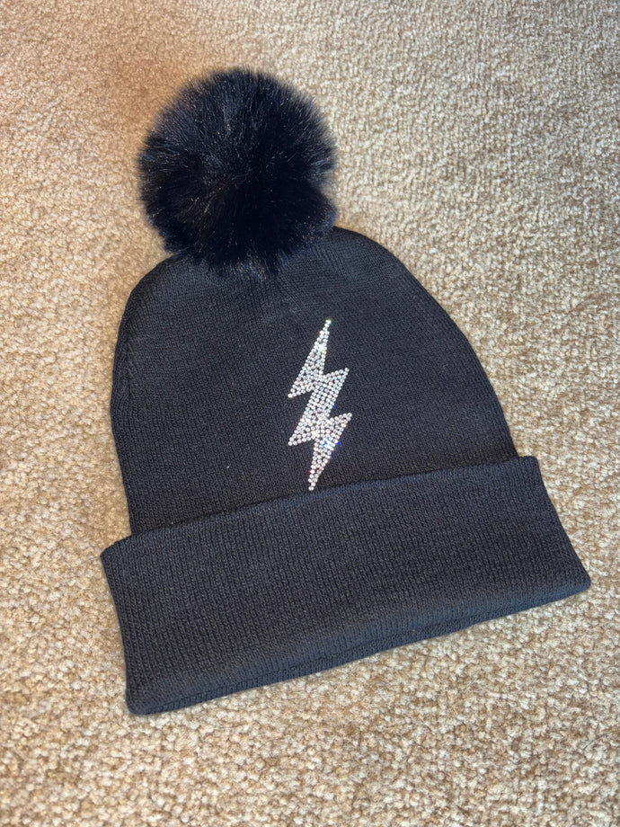 Lightweight Black Stocking Hat with Rhinestone Lightning Bolt