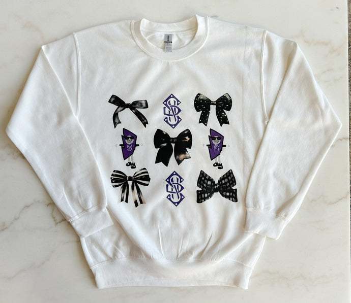 White Crewneck Insignia, Bow, & Stormy Sweatshirt