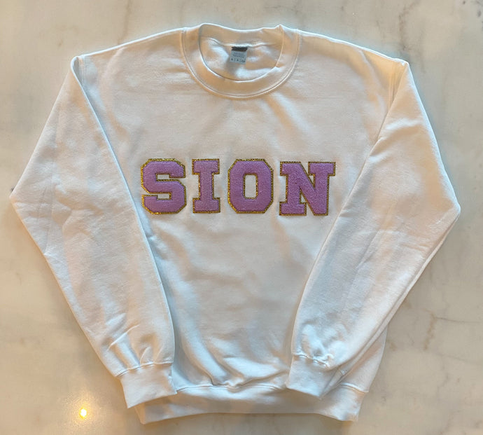 Chenille Letter White Crewneck Sweatshirt